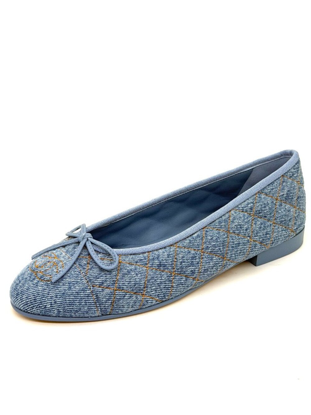 CHANEL 26B CC Logo Denim Jeans Cap Toe Bow Ballerina Ballet Flats Light Blue
